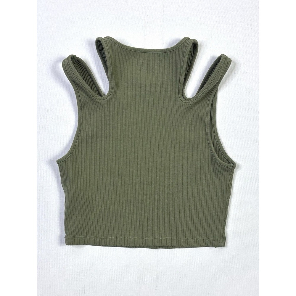 American Eagle Tank Top Womens Medium Sage Green Ribbed Cropped Cold Shoulder - Picture 6 of 9